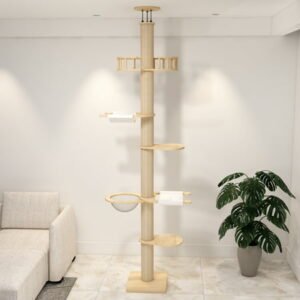 Solid wood 89″-108″ Adjustable Height Floor to Ceiling Cat Tree Tower with 5-Tiers for Climbing, Modern Cat Tree for Indoor Cats, white