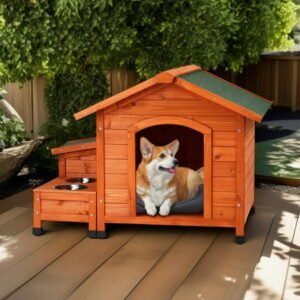 Pefilos 34″ Outdoor Fir Wood Dog House, Solid Wood Dog Kennel with An Open Roof, Weatherproof Dog Shelter with Feeder and Storage Box, Orange