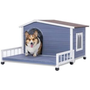 PETSFIT Dog House Outdoor with Terrace & Openable Asphalt Roof, 40″ L x 47″ W x 28.5″ H, Outside Dog House with Elevated Floor, Dog House for Small Medium Dogs