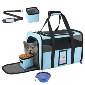 QwerybooCat Carrier Large Foldable Pet Carrier for Medium Cat Small Dogs Under 20 LBS, Soft Sided Pet Carrier with Safety Zippers, Collapsible Bowl, Dog Carrier for Travel Vacation Leisure Hiking(Blue)