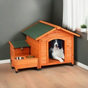Pefilos 34″ Outdoor Wood Dog House with Feeder and Storage Box, Cabin Style Raised Dog Shelter with An Open Roof, Weatherproof Kennel, Orange