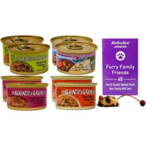 Against The Grain Wet Cat Food 4 Flavor 8 Can Sampler, 2 Each: Chicken Polyhauai’i Berry, Big Kahuna Crab Tilapia, Tuna Snapper, Tuna Mango Duck (2.8 Ounces) MerlinsMart Zine + Toy