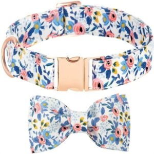 Dog Collar with Flower for Girl Dog, Dog Collar and Leash Sets, Puppy Collars with Adjustable Gold Buckle Beautiful Bowtie and Flower Decoration and Little Bell for Cute Puppy Dogs