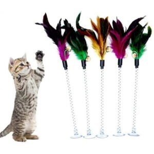 Cat Teaser Wand (5 Pack),Metal Wire Spring Cat Toy with Feather and Bell Sucker Cat Teaser Rod Interactive Cat Tease Toys