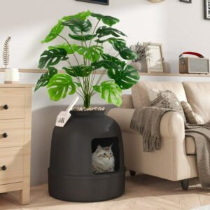 Lifewit Litter Box Cat with Faux Plant & Scoop(Random Color), Hidden Enclosure Litter Tray with Odor Control & Carbon Filter in Living Room/Bedroom/Bathroom Corner, Black