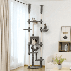 Pefilos Floor to Ceiling Cat Tree for Indoor 92.9″-101.6″ Height Adjustable Cat Tower Tall Kitty Climbing Play House with Scratching Posts, Cozy Cat Condo, Perches and Large Hammock, Gray