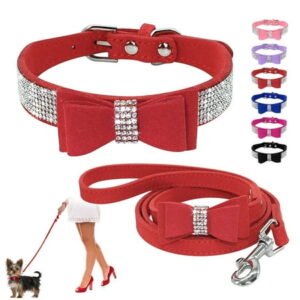 Didog Bling Bowknot Suede Leather Rhinestone Dog Collar and Leash for Boy Girl Dogs