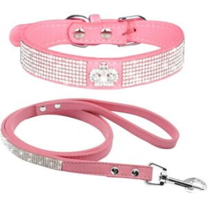 Cute Dazzling Sparkling Elegant Fancy Soft Suede Leather Bling Rhinestone Crystal Jeweled Pet Cat Dog Puppy Collar Dog Leash Combo Set