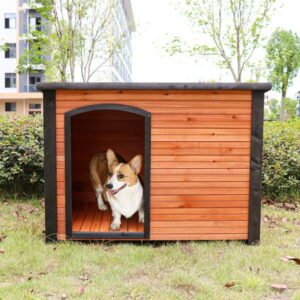Demi Bonn 44.5″ Wooden Dog Houses for Small Medium Large Dogs Outdoor Weatherproof Dog Kennel with Raised Feet, Black Asphalt Roof, Orange