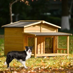 47.2″ Large Wooden Dog House Outdoor, Double Dog Kennel with 2 Doors and Porch, Outdoor & Indoor Dog Crate, Weatherproof Puppy Shelter for Small and Medium Breed Dogs, Wood