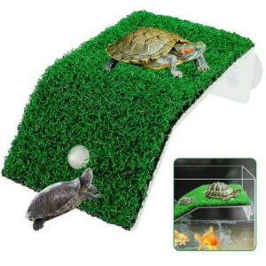 Turtle Basking Platform with Simulation Grass,PP Material Safe, Non-Toxic and Odorless With Powerful Suction Cups,Turtle Resting Terrace for Water Environment-Loving Reptile or Amphibian Pets,S