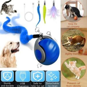 Self-Moving Cat Toy Ball With 3 Tails – Smart Interactive Dual-Speed Motor, Auto-Avoid Obstacles For Indoor Cats, Durable & Safe (Blue/Orange)