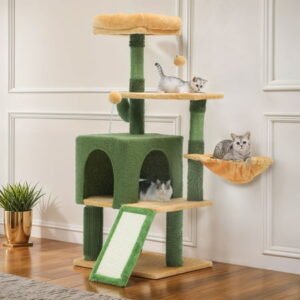 Uforic 45″ Cactus Cat Tree Tower with Sisal Scratching Posts, Cat Climbing Tower for Indoor Cats with Cat Condo & Hammock, Green&Yellow