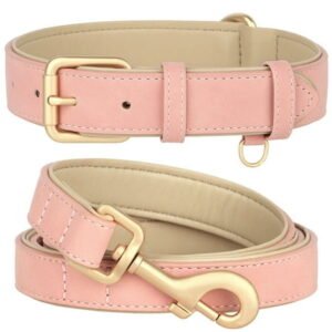 Pet Artist PU Leather Dog Collar and Leash set Soft Padded Adjustable for Pets S-XL