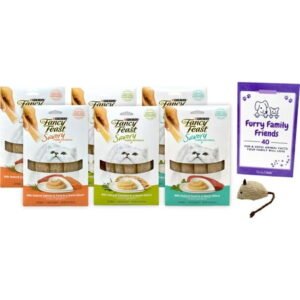 Fancy Feast Savory Puree Naturals Complement Topper Treat 3 Flavor Variety – (2) Each: Tuna, Salmon Tuna, Chicken (1.4 Ounces) + MerlinsMart Zine | Catnip Toy