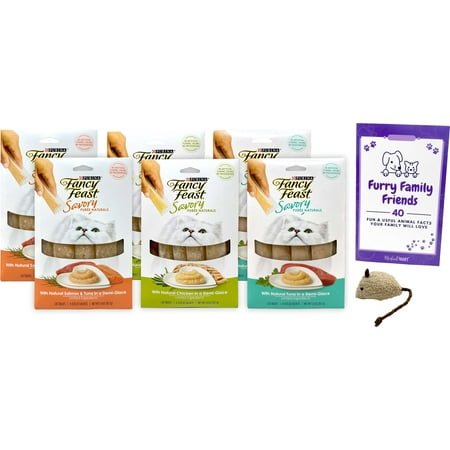 Fancy Feast Savory Puree Naturals Complement Topper Treat 3 Flavor Variety – (2) Each: Tuna, Salmon Tuna, Chicken (1.4 Ounces) + MerlinsMart Zine | Catnip Toy