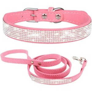 Rhinestone Dog Collar and Leash Set for Small Dogs, Fancy Bling Diamond Cat Collar Crystal Glitter Pretty Jewel Puppy Collar with Leash for XS Small Medium Large Pet Dogs Cats