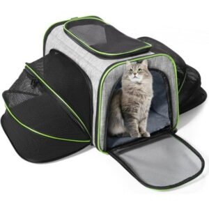 Yonktoo Large Expandable, Portable, Breathable, Claw-defense Mesh Soft-Sided Cat Carrier with Carrier, Removable Soft Mats, Shoulder Strap, Gray, 15 lb Limit