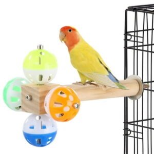 Bird Perch Toy with Rotating Balls, Wood Perch for Bird Cages, 360° Colorful Rotating Balls with Crisp Bells, Bird Foraging Toy Gyms Exercise Stand for Parrots Budgies Parakeets Conures