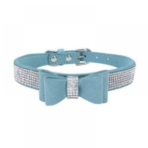 Soft Leather Dog & Cat Collar & Leash Set – Rhinestone Flocking Sparkly Crystal Diamonds Studded – Cute Double Bowknot