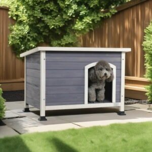 Demi Bonn 33″ Outdoor Wood Dog House for Small Dogs with Hinges, Raised Feet, Openable Asphalt Roof and Removable Floor, Weatherproof Cat House, Gray