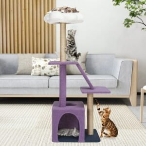 Uforic 48″ Flower Cat Tree Tower, Cat Climbing Tower with Detachable Perch, Condo, Sisal Scratching Posts, Purple/White
