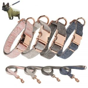 Dog collar and leash set, dog collar and leash, adjustable dog collar for small to medium dogs./Brown Gray/L