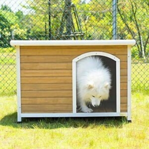Petsfit Wooden Dog House for Medium to Large Dogs, Yellow and White, large/45.6″ x 30.9″ x 32.1″