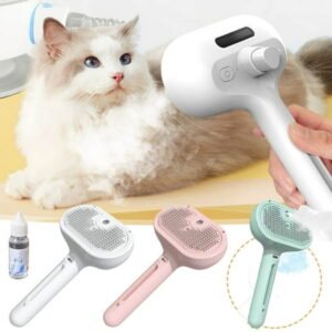 Rechargeable Viral Steam Pet Grooming Brush | Dog Cat Hair Removal Comb with Steam Spray Mist Massage Wand | Self-Cleaning Shedding Tool | 20ml Water Tank | Stainless Steel Teeth | ABS Material
