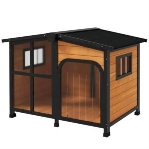 Pefilos 42″ Outdoor Cabin Style Dog House with Openable Roof & Giant Window, Wooden Dog Kennel Weatherproof for Small to Large Dogs, Yellow