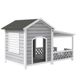 Pefilos 63″ Outdoor Cabin Style Dog House with Asphalt Roof & Shutter Window, Wooden Dog Kennel Weatherproof for Small to Large Dogs, Gray