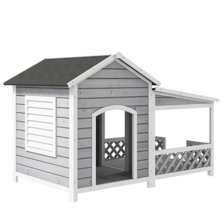 Pefilos 63″ Outdoor Cabin Style Dog House with Asphalt Roof & Shutter Window, Wooden Dog Kennel Weatherproof for Small to Large Dogs, Gray