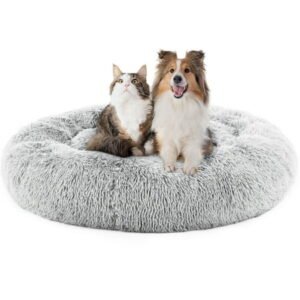 GIANNA Round Dog Cat Bed, Orthopedic Fluffy Fuzzy Pet Bed, Anti-Slip Washable Pet Sofa Mat, Indoors, Grey, 24 Inch