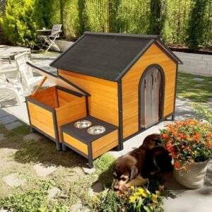 Demi Bonn 39″ Wooden Dog House Outdoor Large Dog Kennel Weatherproof with Two Metal Bowls, Storage Box for Small to Medium Dogs, Beige