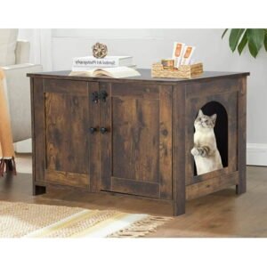 Dkelincs Litter Box Cabinet, Cat Litter Box Furniture Hidden, Large Litter House Enclosure with Removable Divider, Wooden Cat Washroom, Storage Cabinet Decorative Pet Crate House for Cats Kitty