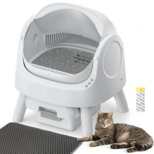 Rawrose Large Open-Top Automatic Cat Litter Box Self Cleaning with Safety Protection, Mat and Trash Bags Included, White
