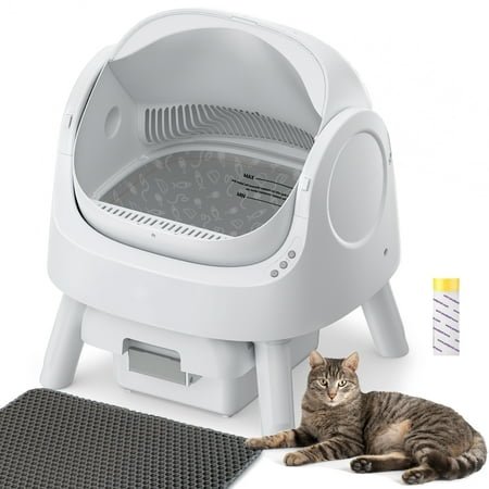 Rawrose Large Open-Top Automatic Cat Litter Box Self Cleaning with Safety Protection, Mat and Trash Bags Included, White