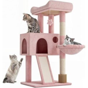 DEXS Cat Tree Tower, Tall Cat Climbing Tower with Scratching Post and Sisal-Covered Scratching Board, Cat House with Hammock,Cat Tree for Indoor Cats Large Adult-Soft Pink 36″