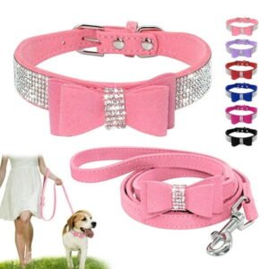 Didog Bling Bowknot Suede Leather Rhinestone Dog Collar and Leash for Boy Girl Dogs