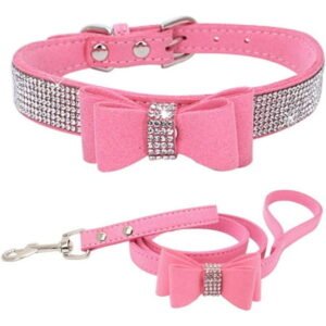 Rhinestone Dog Collar and Leash Set with Bow Tie, Bling Diamond Cat Collar with Bowtie Crystal Girl Puppy Collars for XXS Xs Small Medium Large Female Dogs Pet Kitten
