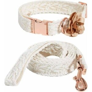HQREA Dog Collar and Leash Set for Large Dogs Girl, Lace Dog Collar with Bowknot Flower for Wedding Birthday