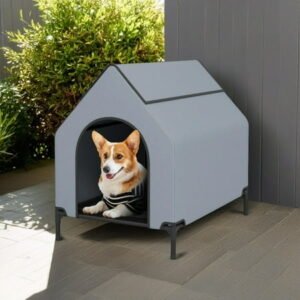 Pefilos 36″ Dog House for Small Dogs Indoor or Outside, Weatherproof 600D PVC Dog Kennel Outdoor with Ventilated Windows, Elevated Dog Cooling Bed, Gray