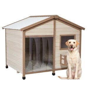 Petsfit 47″ Dog House Outdoor with Waterproof PVC Roof, Extra Large Dog House for 2 Medium Dogs, Dog House Outdoor Large Breed, XXL Dog Houses with Window, Beige