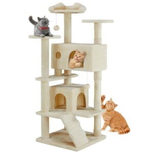 MCQ Multi-Level Cat Tree Tower – 54-Inch Cat Tower with Large Condo, Climbing Ladder, Plush Toy, and More Cat Stuff, Beige