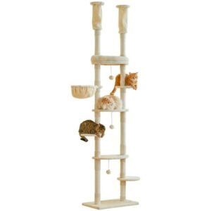 Furcato 92.1″-101.6″ Adjustable Height Cat Tree, Floor to Ceiling Cat Tower, 7 Tiers Cat Climbing Tree with Hammock, Beige