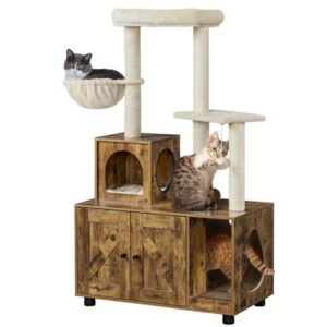 Topeakmart Wooden Cat Litter Box Enclosure with Cat Tree Tower, Rustic Brown