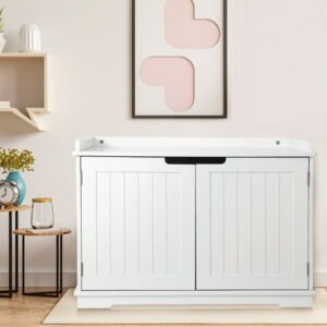 ZENY Double Door Hidden Cat Litter Box Enclosure Storage Cabinet MDF Frame Cat House, White