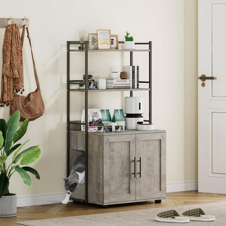 Huloretions Cat Litter Box Enclosure Furniture with Shelf Storage and 2 Doors 2-in-1 Hidden Cat Washroom Furniture Indoor Cat Cabinet For Most Litter Box