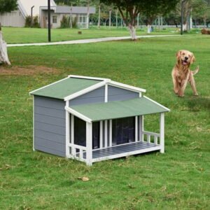 47″ Large Dog House, Waterproof Dog Kennel with Elevated Floor & 2 Doors, Outdoor Wooden Dog House with Porch, Dog House for 2 Medium or Small Dogs, Grey