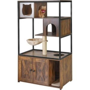 Aivituvin Cat Litter Box Enclosure, Litter Box Furniture Hidden, Wooden Cat Washroom Furniture, Indoor Cat House with Condo, Hammock, Scratching Mat and Storage Shelves